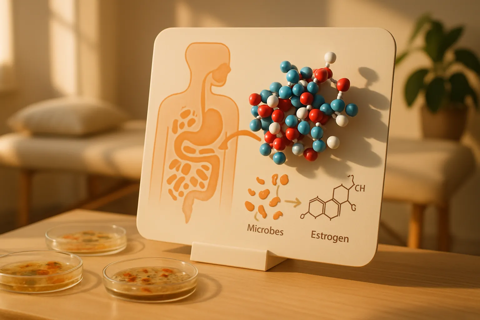 Visualização científica da atividade da enzima beta-glucuronidase no processo de reciclagem do estrogênio pela microbiota intestinal