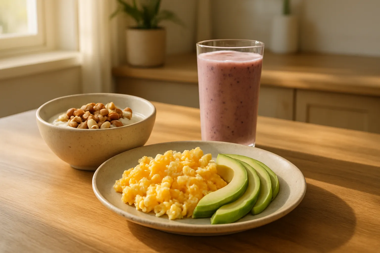 Café da manhã rico em proteínas com ovos, abacate, iogurte grego e oleaginosas, ideal para estabilizar glicemia e reduzir fogachos na perimenopausa