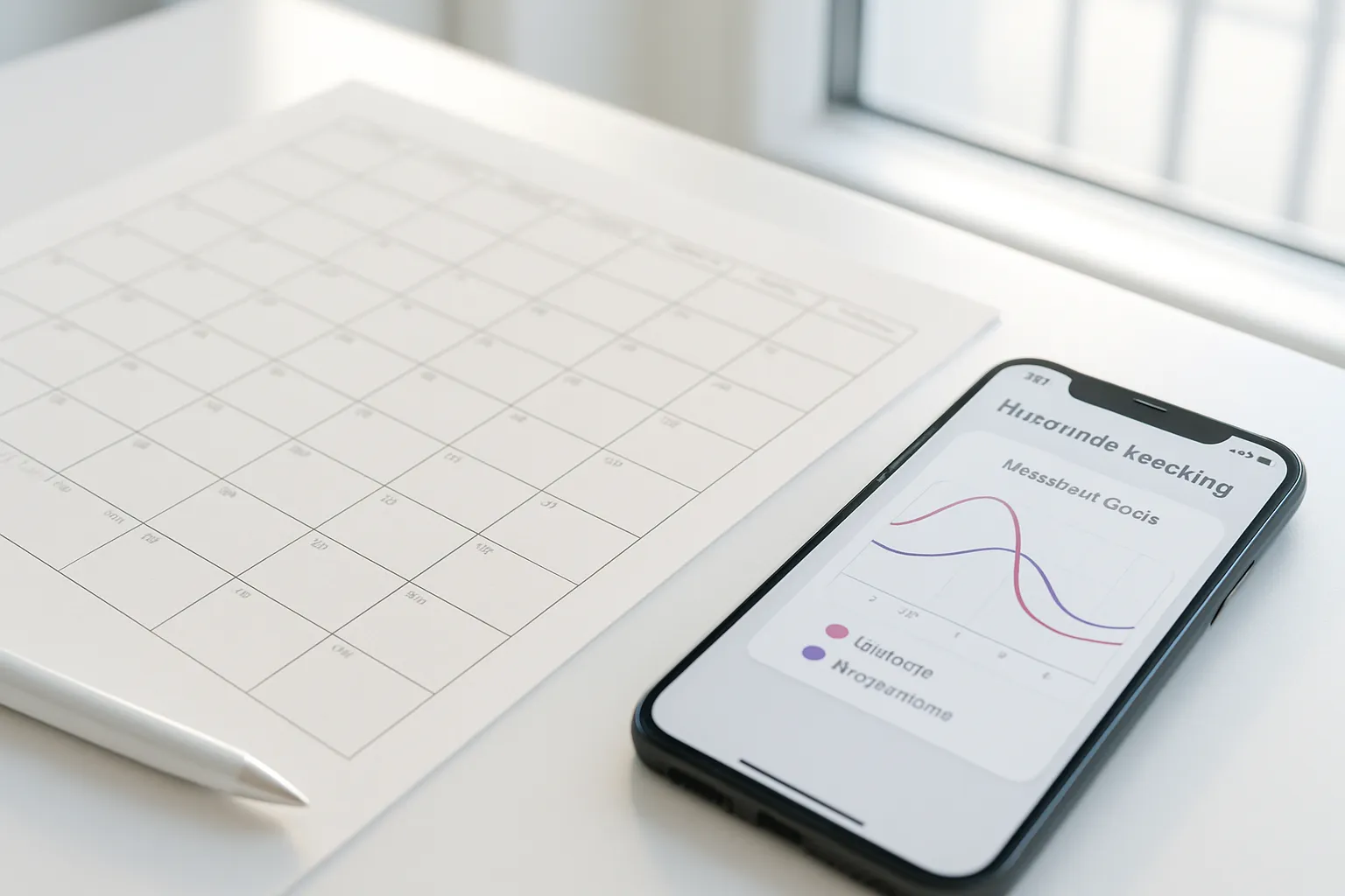 Close-up de calendário menstrual mostrando vários meses consecutivos sem marcações de ciclo evidenciando amenorreia causada por RED-S