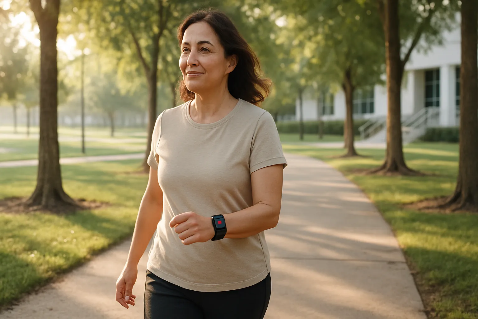 Pessoa caminhando em ritmo confortável durante manhã ensolarada com monitor de frequência cardíaca, demonstrando exercício de baixa intensidade sustentável para melhoria metabólica gradual