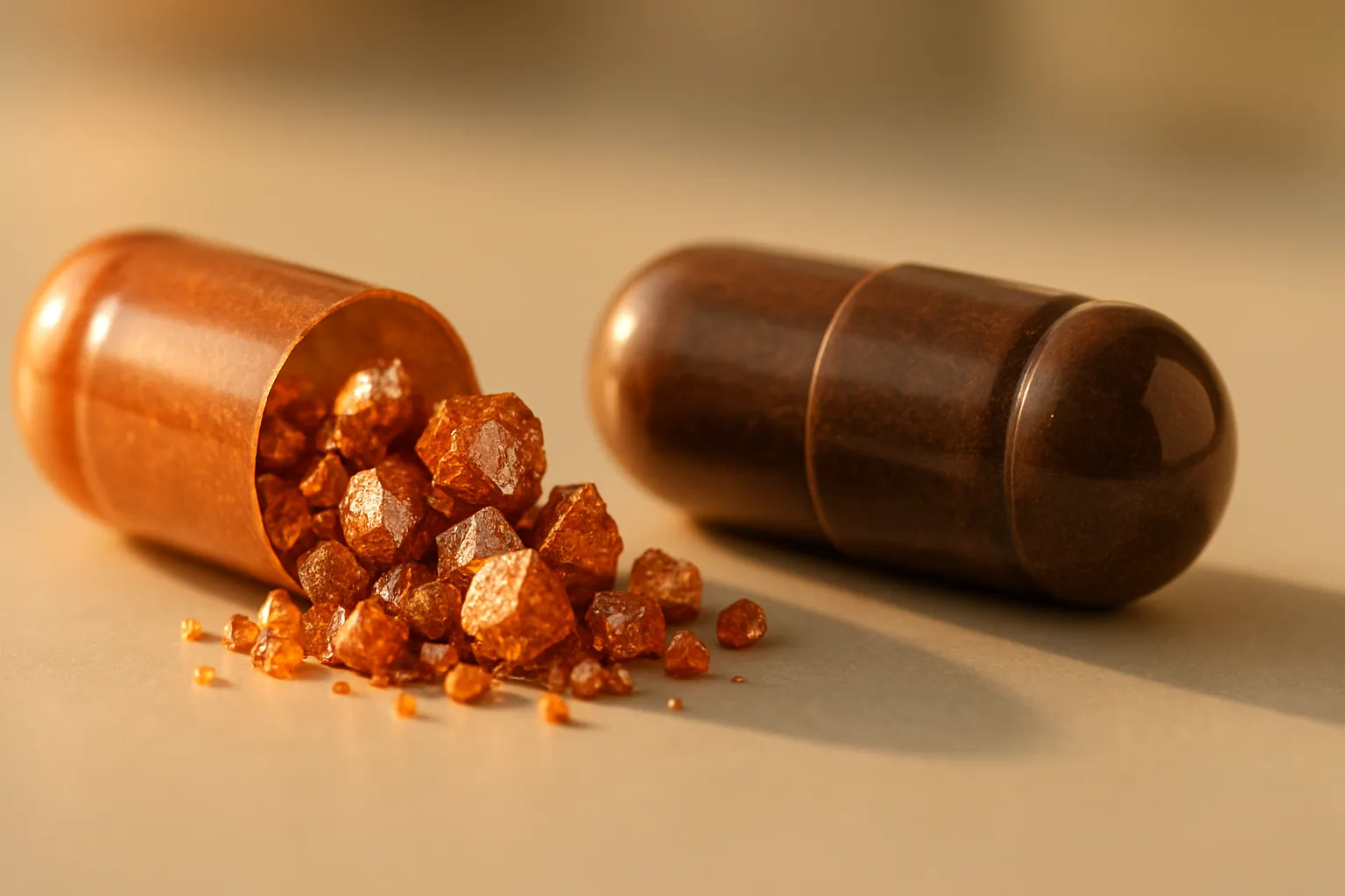 Detalhe macro de suplemento de cobre mostrando cristais minerais, ilustrando a relação entre cobre e metabolismo do ferro através da ceruloplasmina