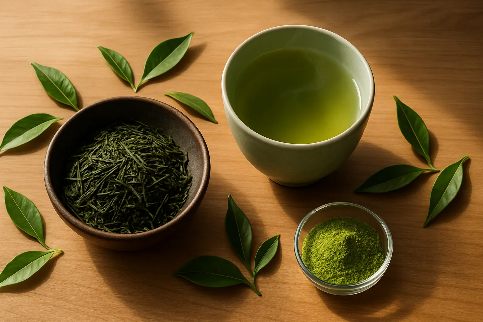 Composição flat lay de chá verde premium, folhas frescas e extrato em pó, destacando polifenóis EGCG que melhoram sensibilidade à insulina
