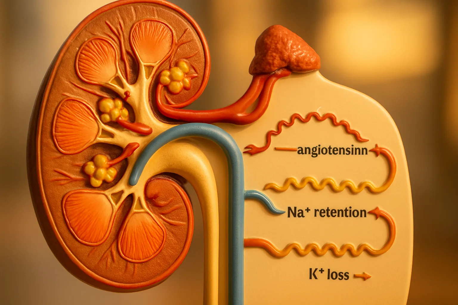Detalhe macro de modelo anatômico mostrando o sistema renina-angiotensina-aldosterona e mecanismos de retenção de sódio e perda de potássio