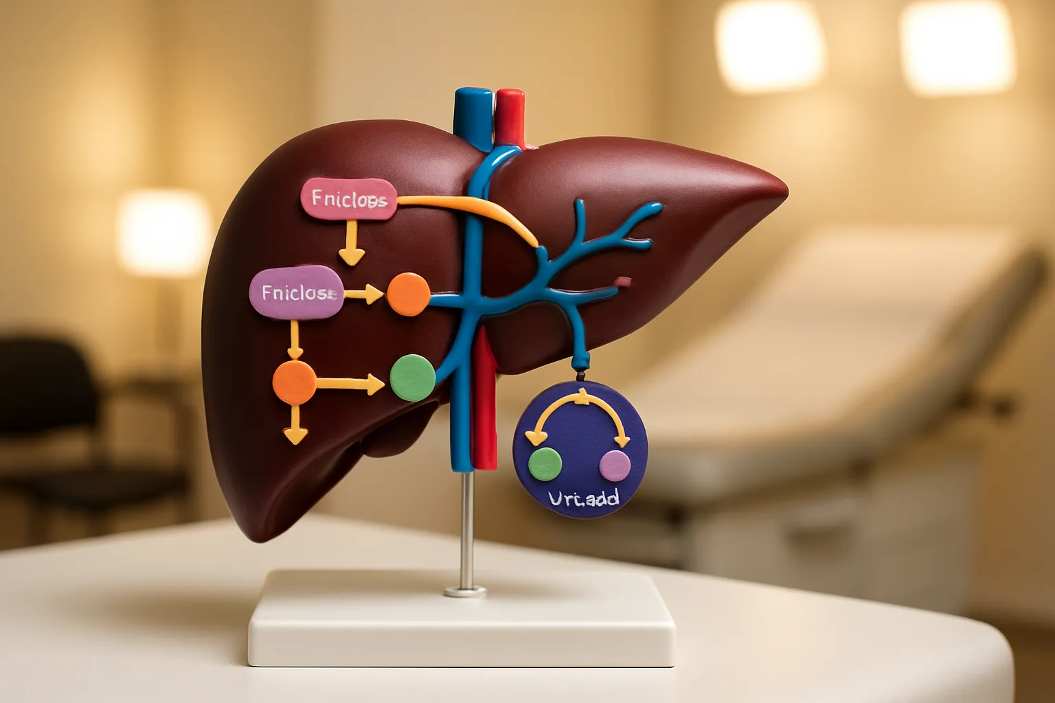 Modelo anatômico educacional do fígado demonstrando o ciclo de metabolismo da frutose e produção de ácido úrico em ambiente clínico moderno