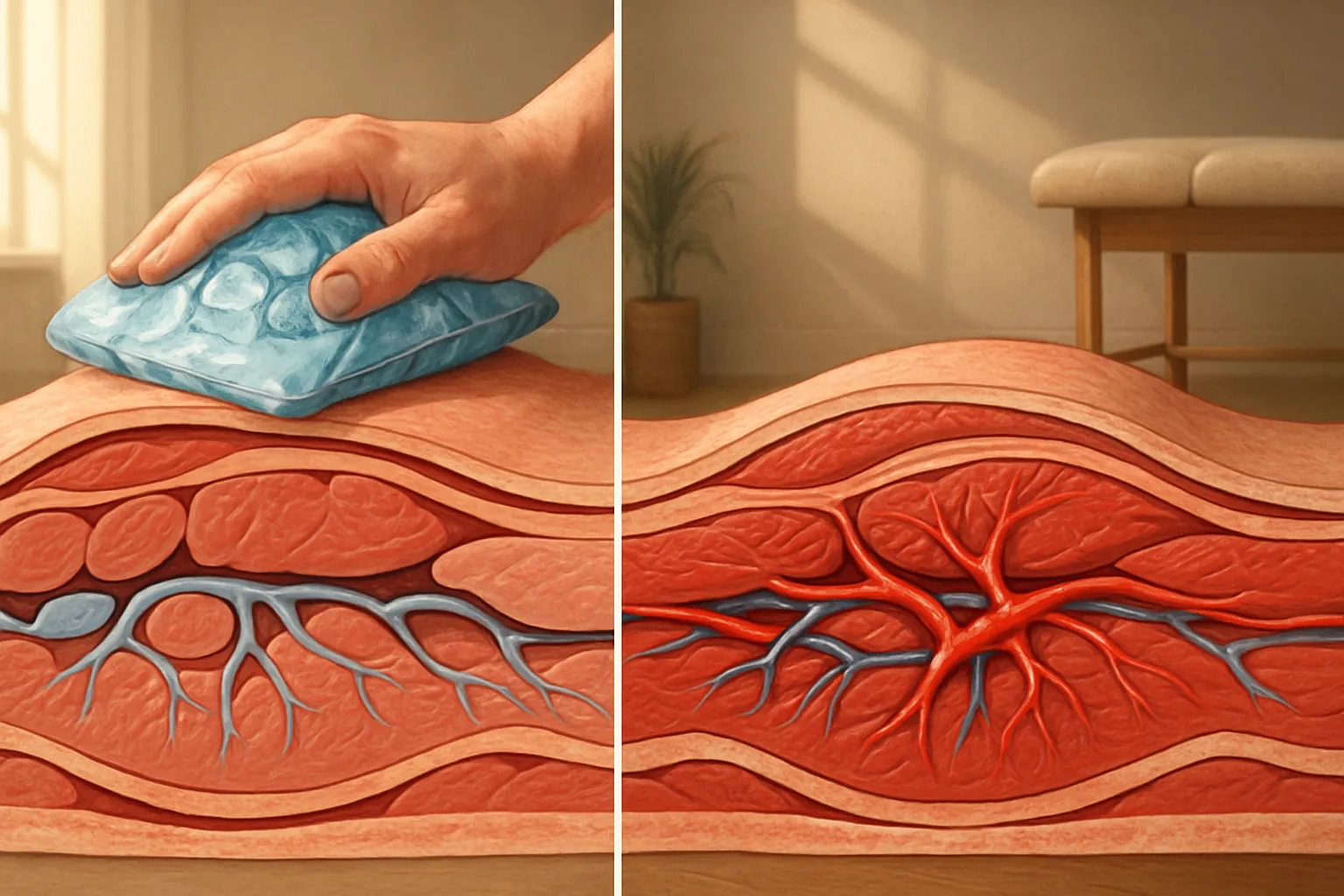 Comparação visual entre recuperação muscular com exposição ao frio versus recuperação em temperatura ambiente, ilustrando impacto na síntese proteica