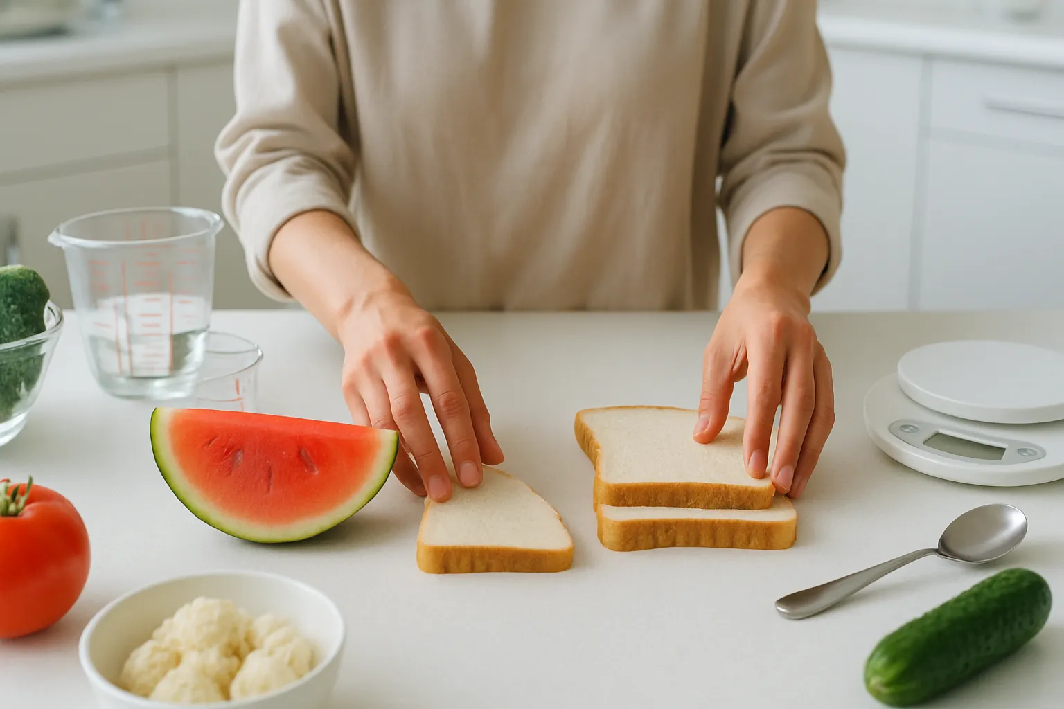 Cliente organizando comparação visual entre porções de melancia e pão branco para demonstrar diferenças práticas de carga glicêmica na alimentação real