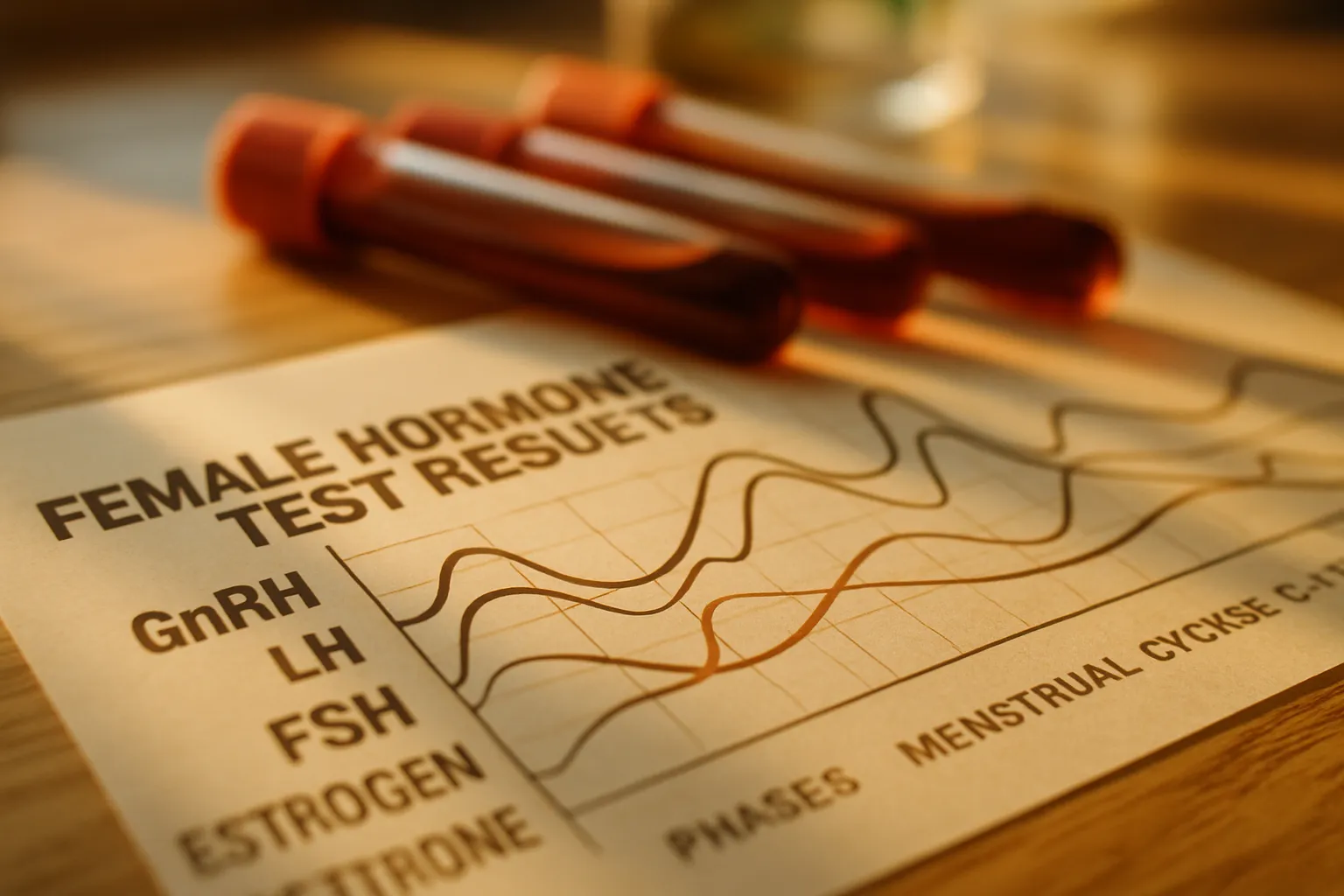 Detalhe macro de exames hormonais femininos mostrando os níveis de GnRH, LH, FSH, estrogênio e progesterona ao longo do ciclo menstrual