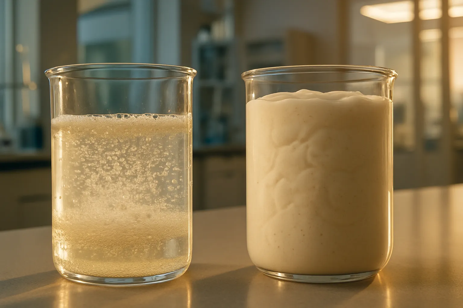 Comparação visual entre whey protein de absorção rápida e caseína formando gel de absorção lenta em recipientes transparentes, demonstrando diferenças de textura e velocidade de digestão