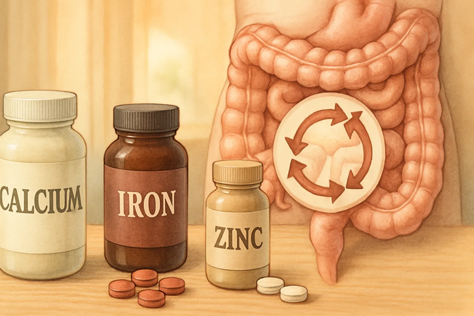 Arranjo visual demonstrando a competição entre cálcio, ferro e zinco pela absorção intestinal, com suplementos posicionados para ilustrar a interação mineral