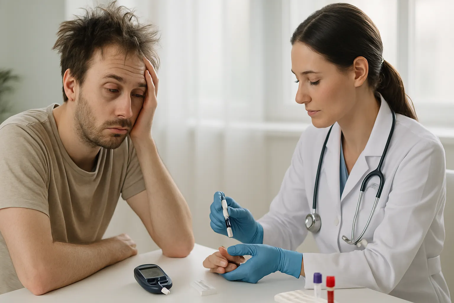 Profissional de saúde avaliando marcadores metabólicos e hormonais em paciente com privação crônica de sono de qualidade