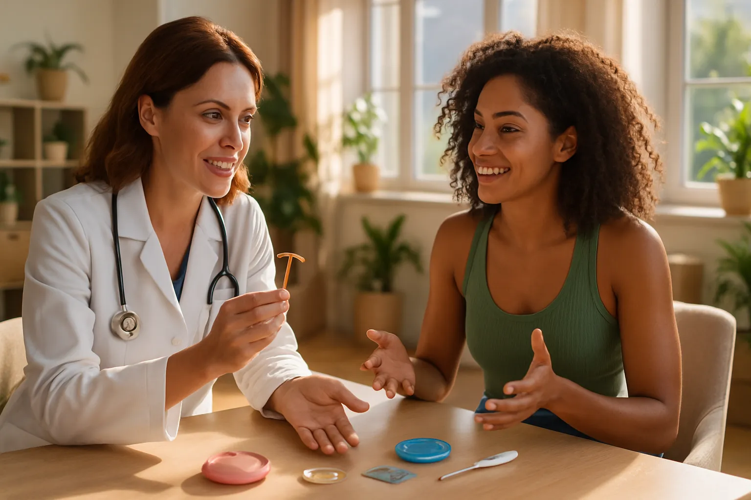 Profissional de saúde mostrando diferentes opções contraceptivas para paciente, incluindo DIU hormonal e métodos de barreira durante consulta informativa