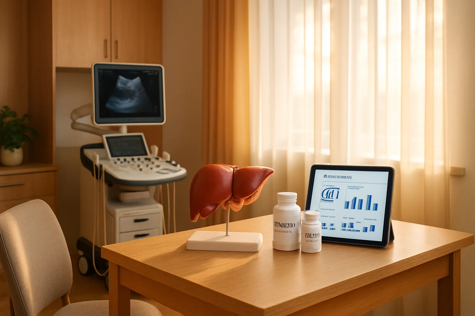 Consultório médico especializado em saúde hepática com equipamentos para detectar esteatose hepática e monitorar produção de SHBG
