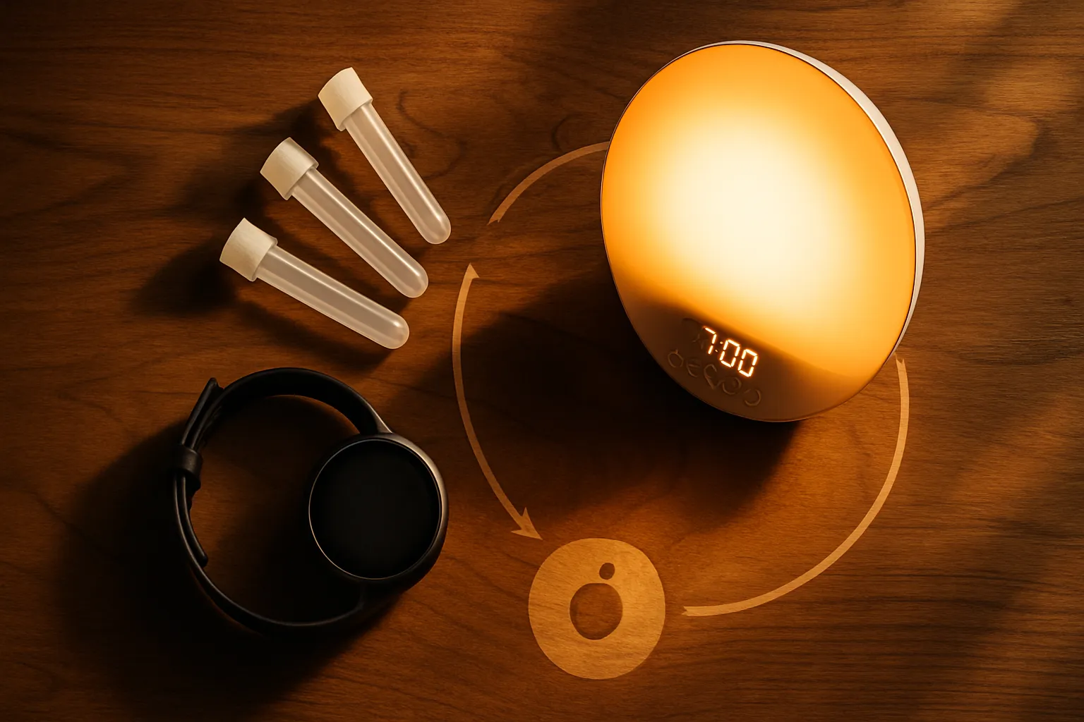 Composição flat lay com ferramentas de monitoramento do cortisol matinal e dispositivos de acompanhamento do ritmo circadiano