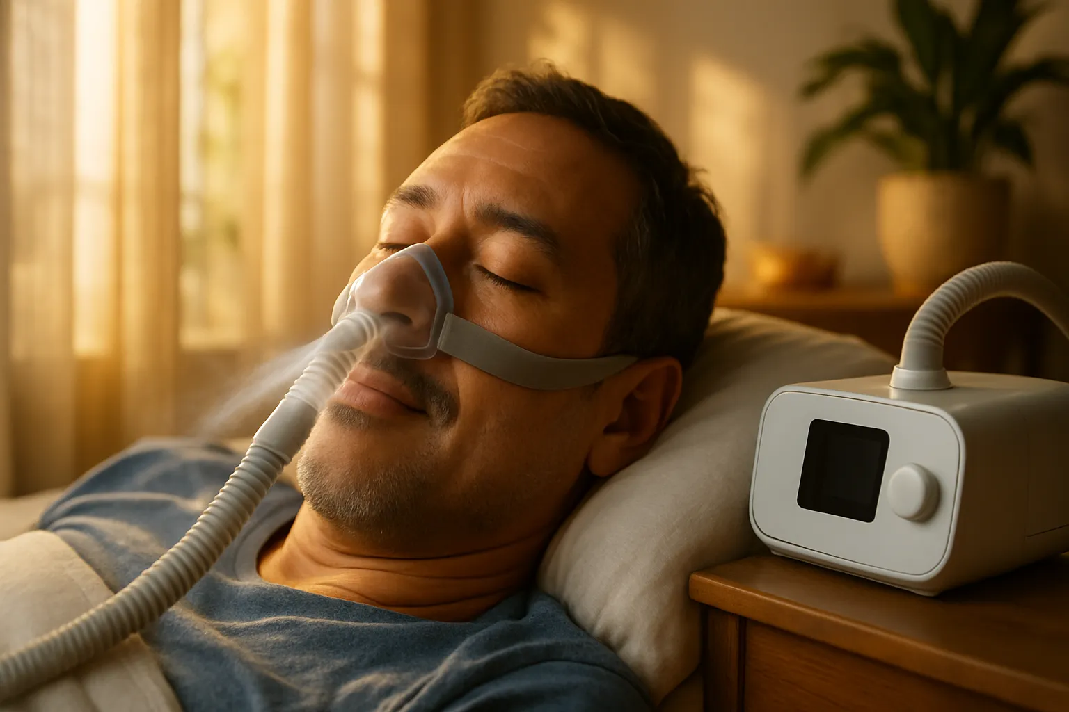 Detalhe de pessoa dormindo tranquilamente com máscara CPAP, demonstrando uso correto do equipamento durante tratamento noturno de apneia