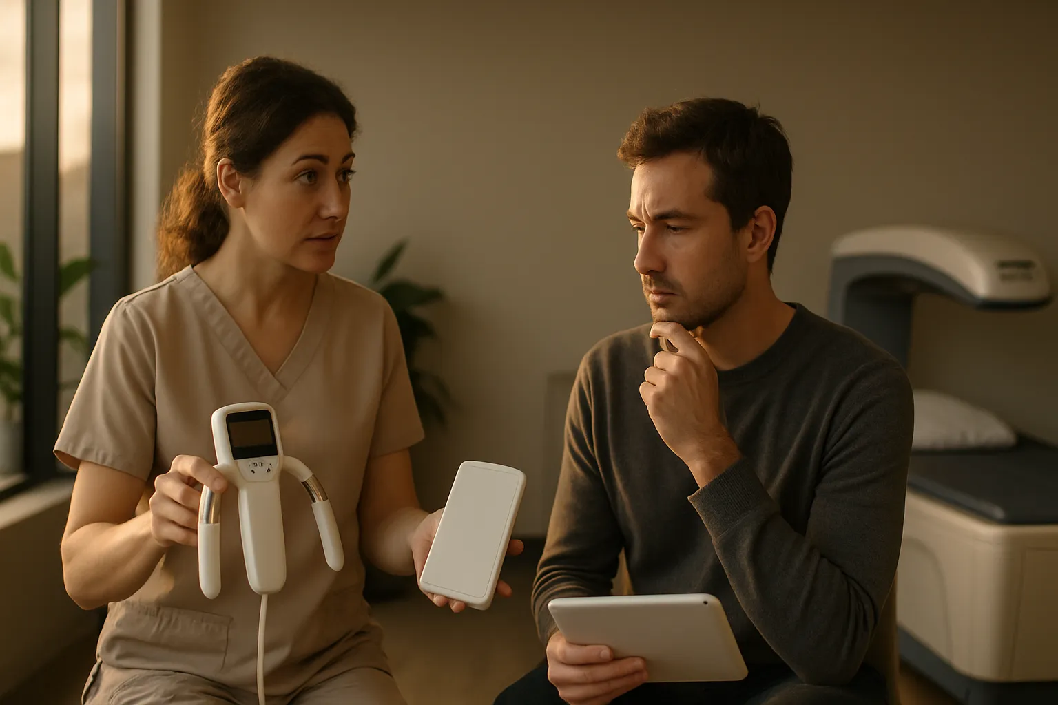 Profissional de saúde orientando paciente sobre as diferenças entre BIA e DEXA para escolha do exame mais adequado ao objetivo individual