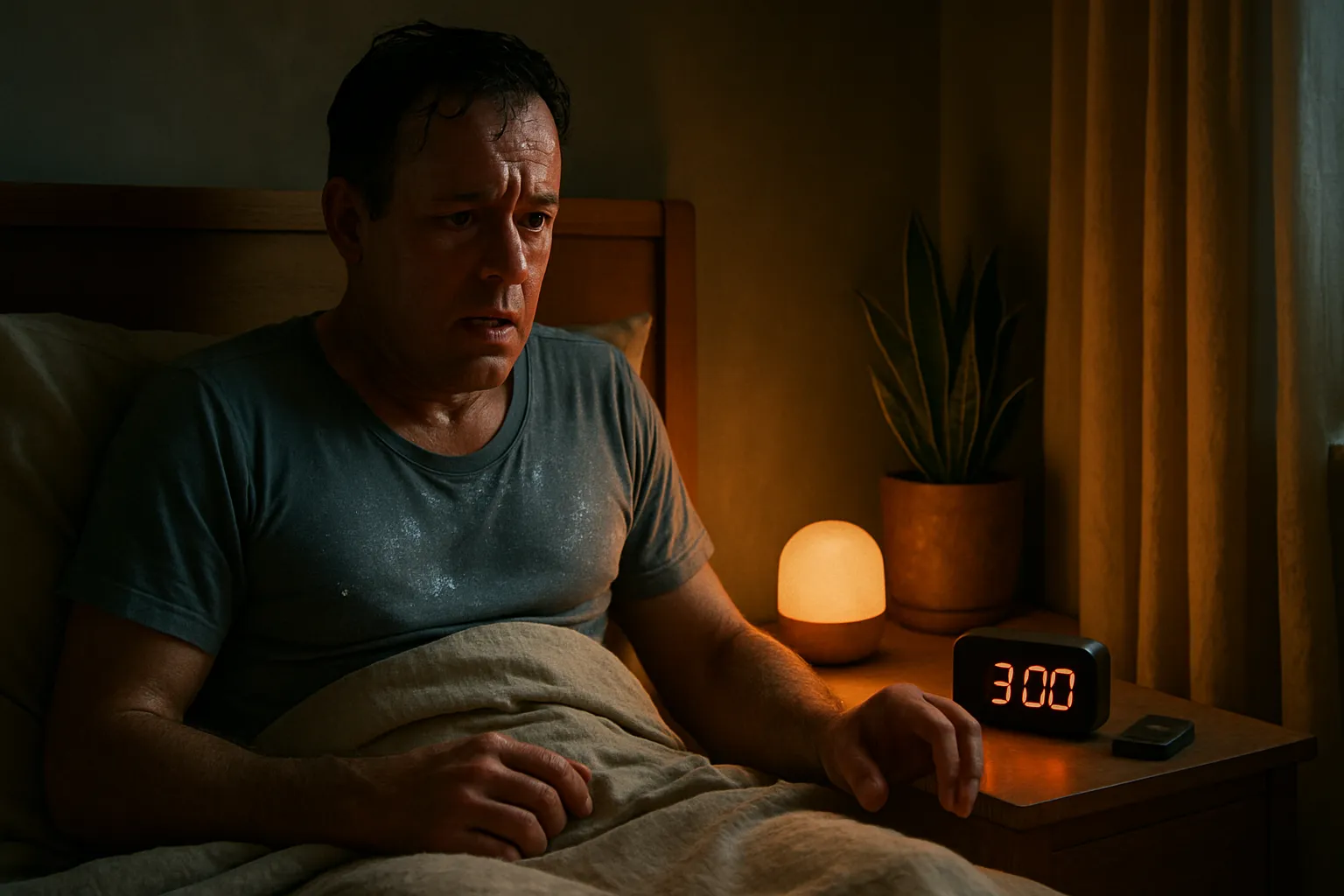 Pessoa acordando durante a madrugada às 3h com sinais de hipoglicemia reativa causada por jantar tardio, mostrando desconforto e suor noturno