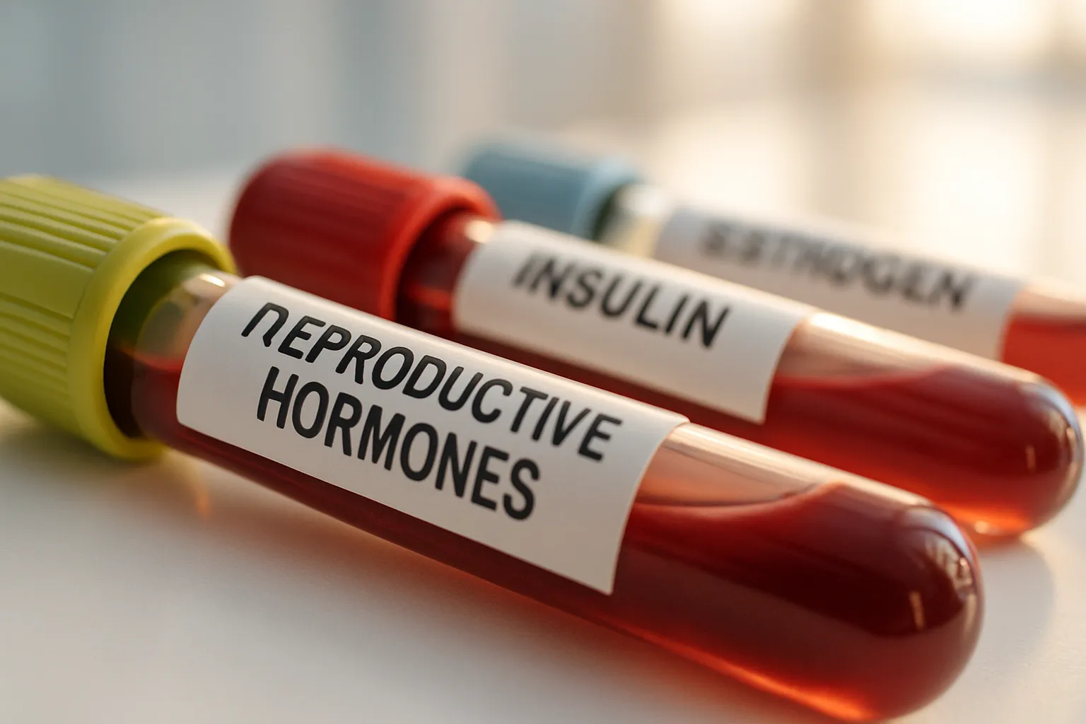 Close-up detalhado de tubos de teste hormonal mostrando painéis de tireoide, hormônios reprodutivos, insulina e estrogênio afetados por microplásticos