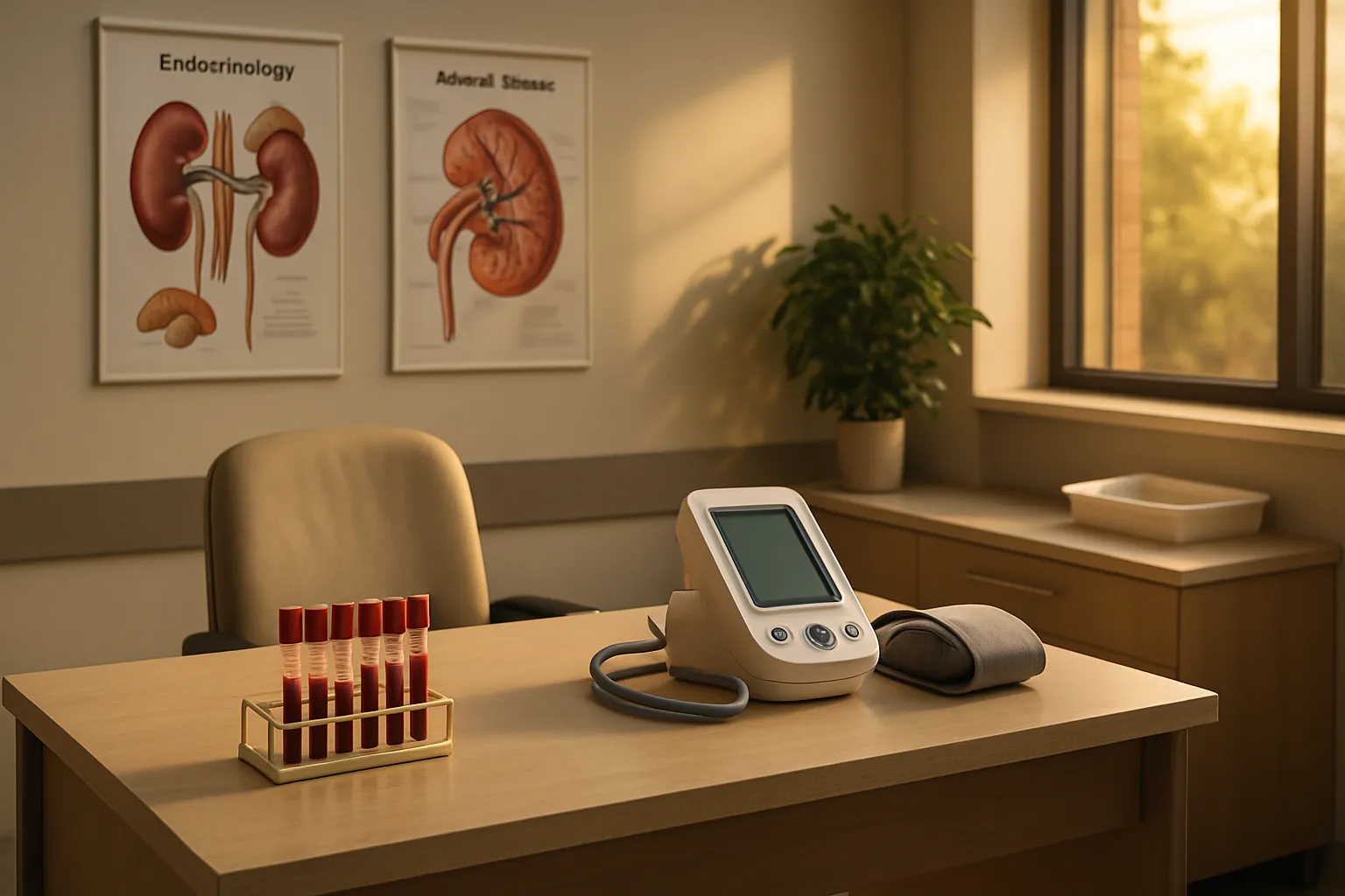 Sala de endocrinologia preparada para investigação diagnóstica da Síndrome de Conn com tubos para exames de aldosterona e renina, equipamento de pressão arterial e modelos anatômicos de glândulas adrenais