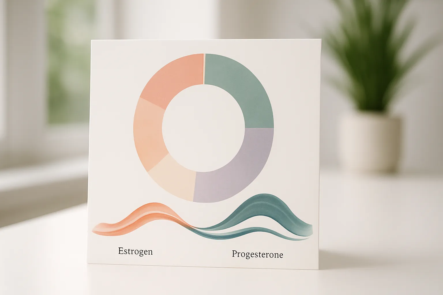 Modelo educativo visual mostrando as quatro fases do ciclo menstrual e flutuações hormonais de estrogênio e progesterona