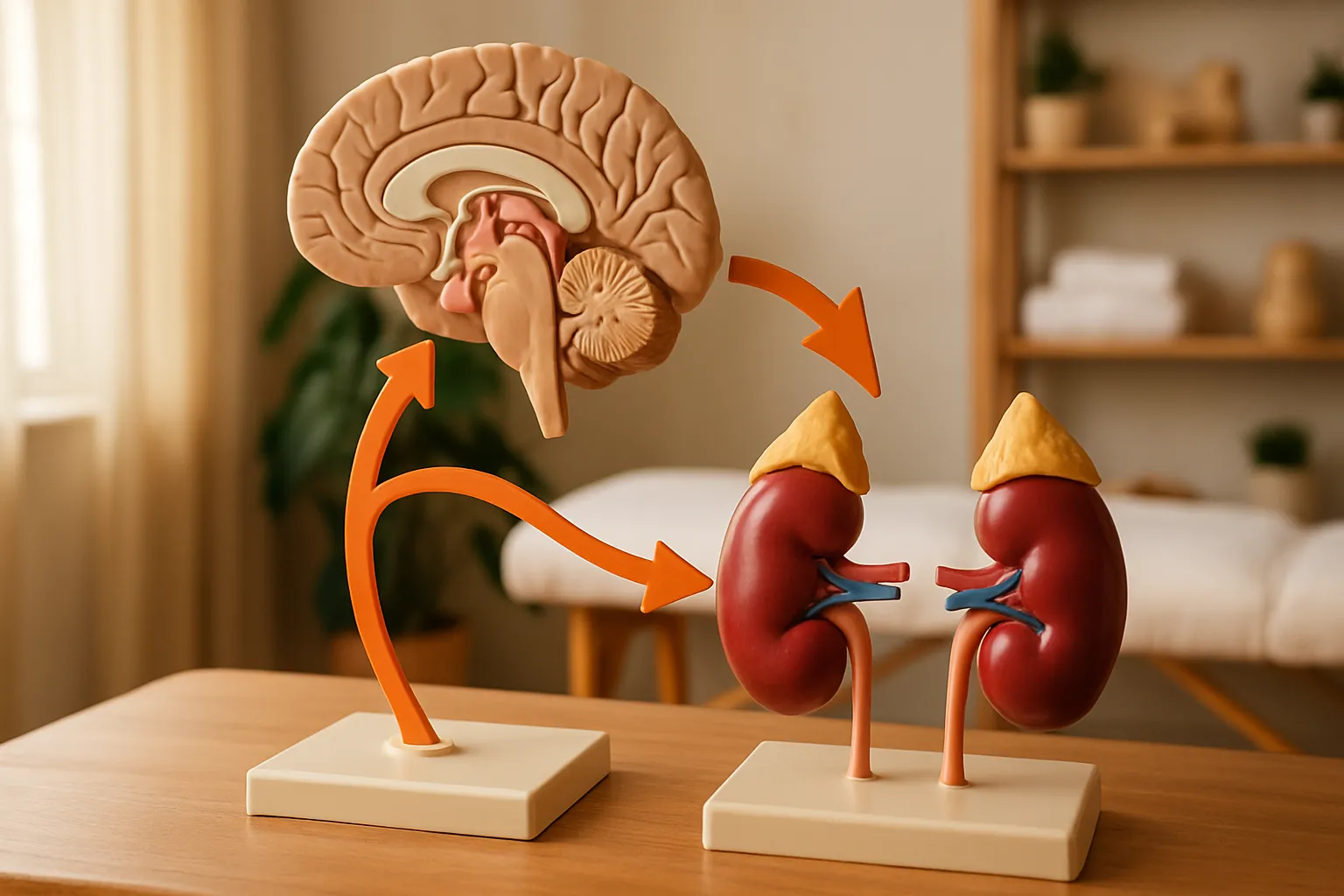 Modelo anatômico educativo demonstrando o eixo hipotálamo-hipófise-adrenal e a cascata de produção do cortisol