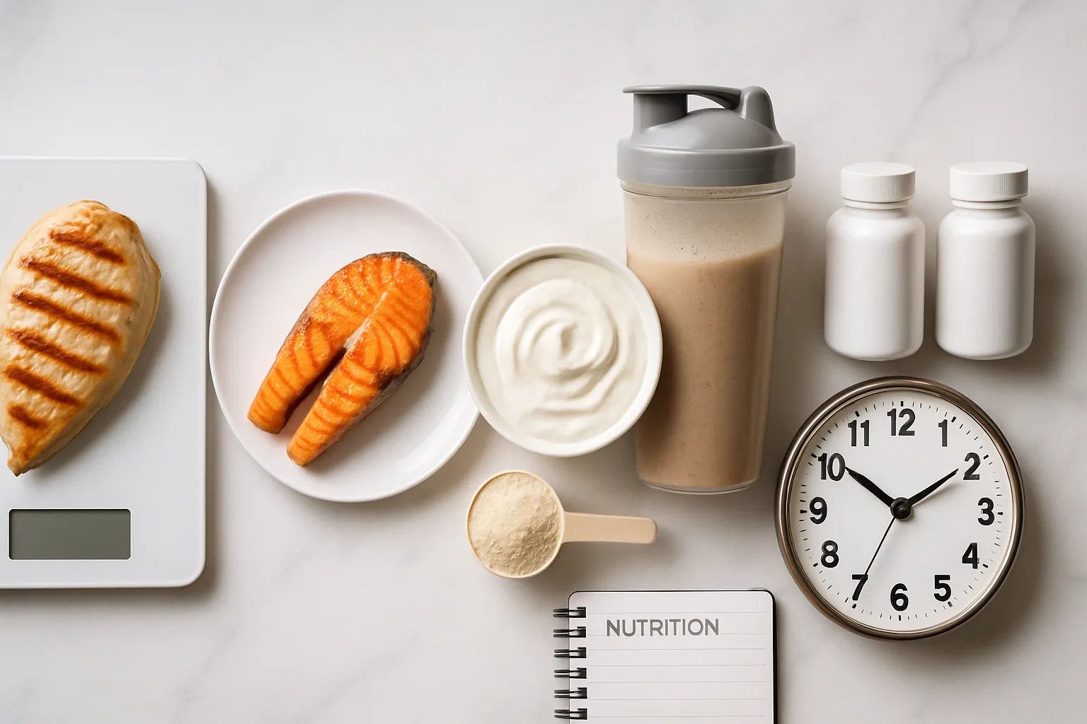 Flat lay mostrando distribuição estratégica de proteínas em 4 refeições com 30-40g cada para otimizar recuperação muscular após os 40 anos