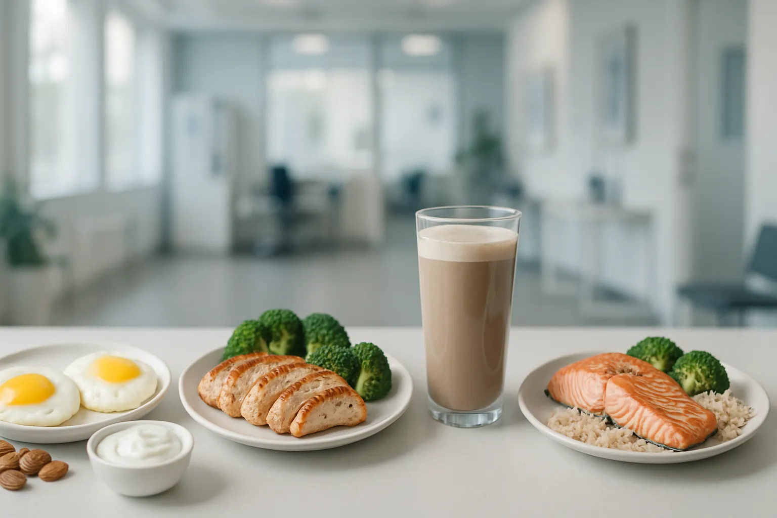 Quatro refeições proteicas distintas organizadas horizontalmente mostrando distribuição diária: café da manhã com ovos e iogurte grego, almoço com frango grelhado, lanche com shake de proteína e jantar com salmão, cada porção representando 25-35 gramas de proteína