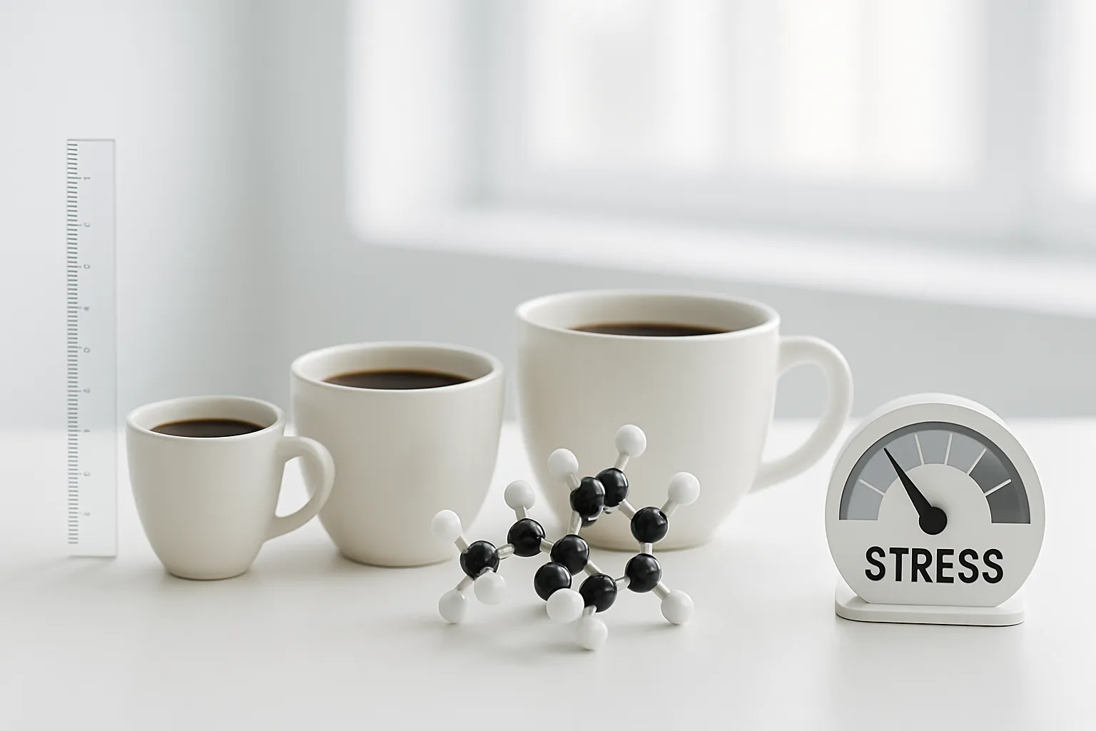 Demonstração visual da progressão de doses de cafeína e sua relação com hormônios testosterona e cortisol