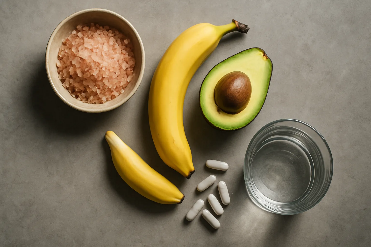 Composição de eletrólitos essenciais incluindo sal rosa do Himalaia, alimentos ricos em potássio e suplementos de magnésio para hidratação celular