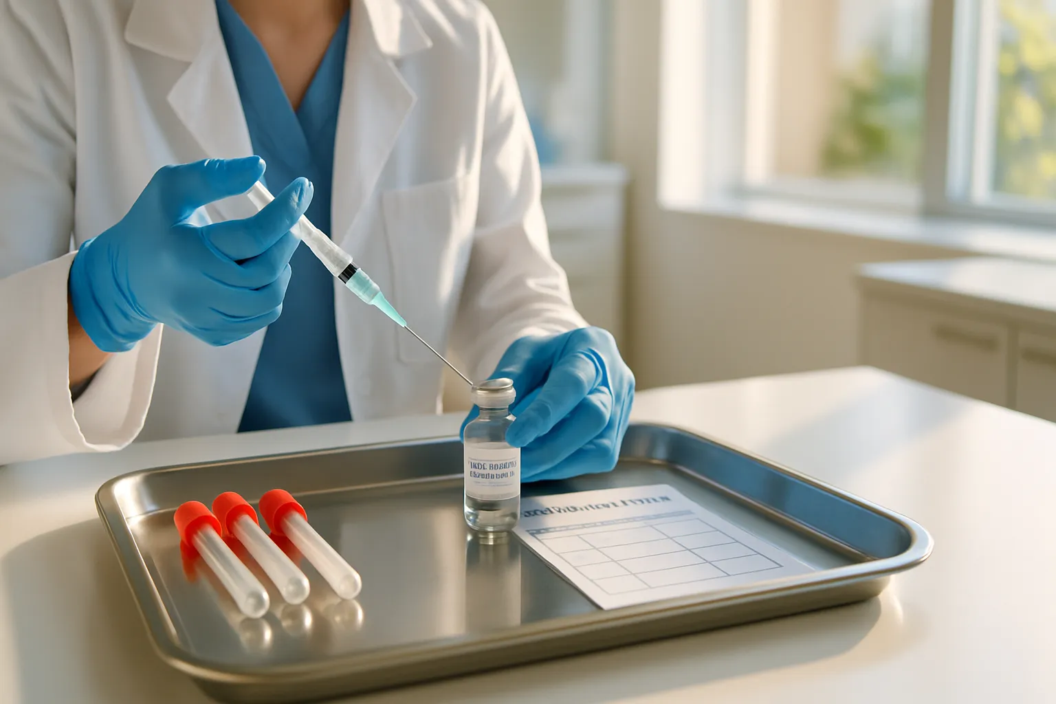 Especialista clínico preparando kit de teste de estímulo com ACTH, incluindo tubos para coleta de cortisol e ampola de cosintropina para diagnóstico de insuficiência adrenal