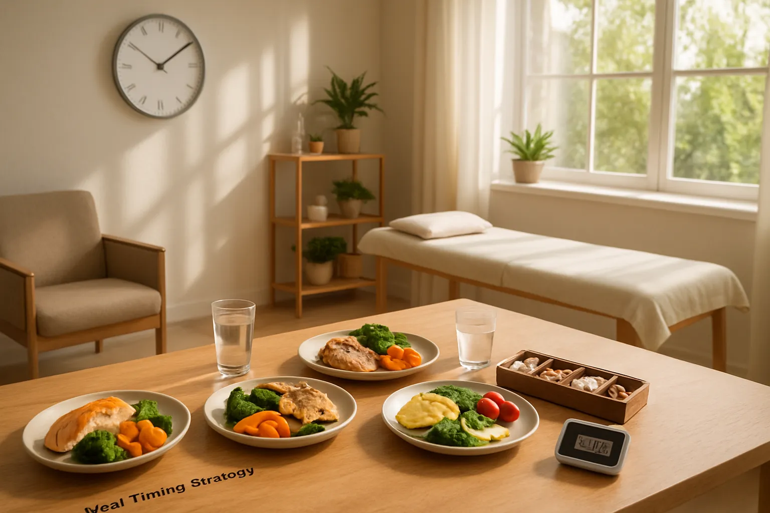 Espaço de consultoria wellness mostrando estação de planejamento de timing nutricional com porções de refeições proteicas, relógio indicando janela pós-treino e organizador de suplementos