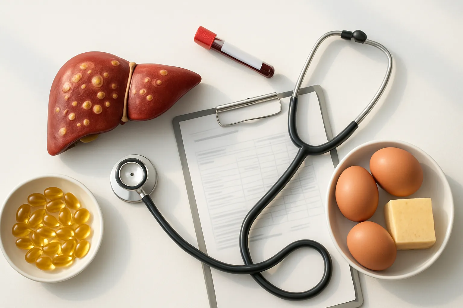 Composição médica mostrando modelo anatômico de fígado com gordura, exames hepáticos e alimentos ricos em colina para tratamento de esteatose