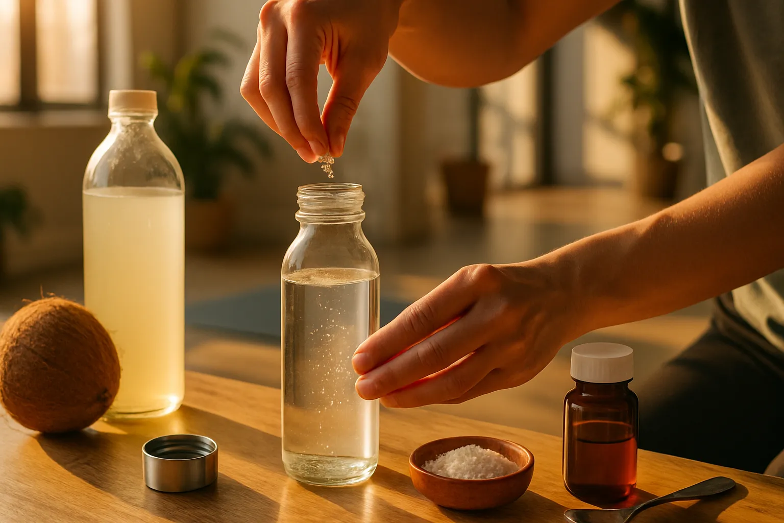 Mãos adicionando sal marinho de qualidade à água, com água de coco e suplementos de eletrólitos ao redor, demonstrando rotina de hidratação inteligente