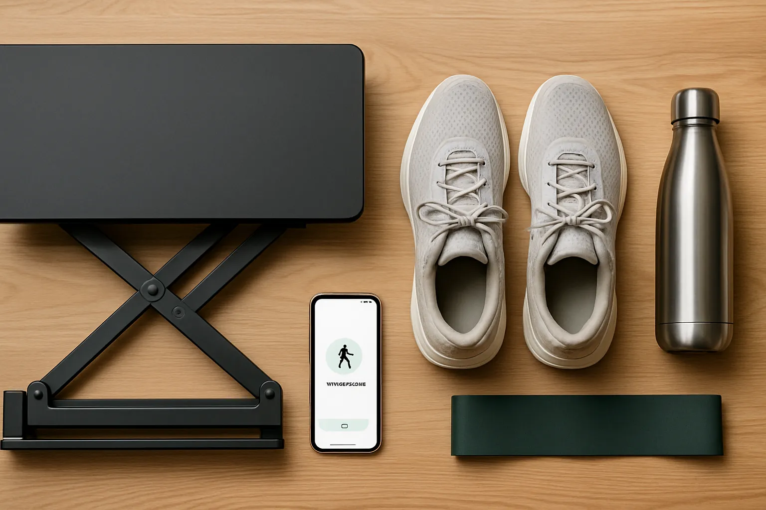 Composição organizada de ferramentas e acessórios para aumentar movimento e atividade física não-exercício no ambiente de trabalho