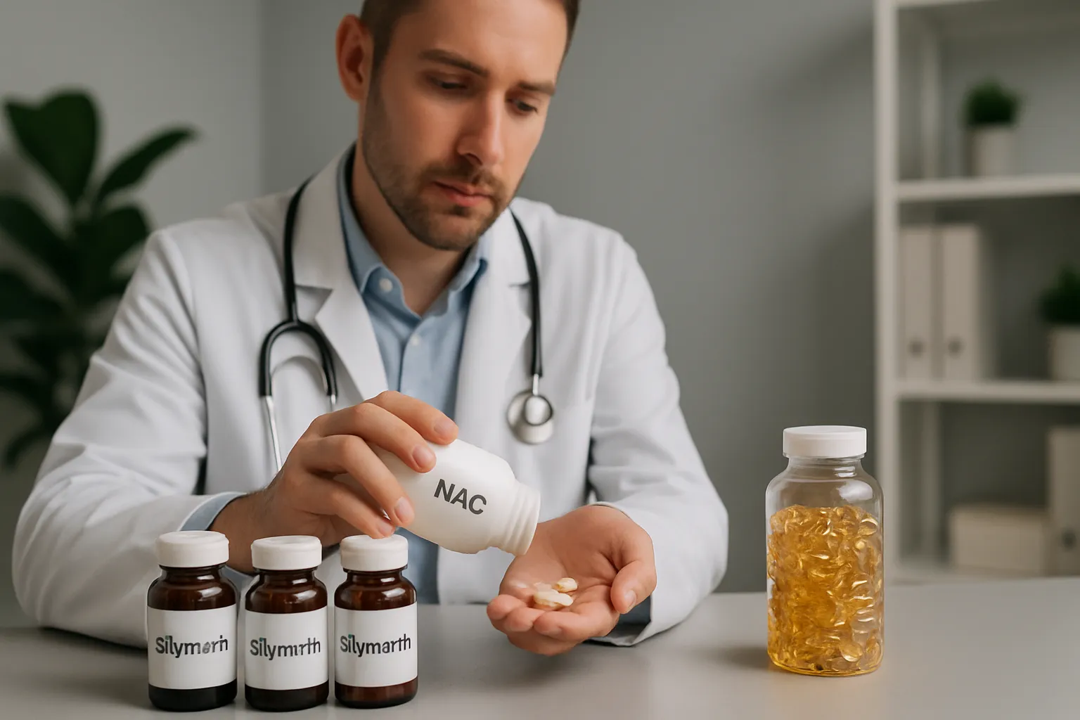Especialista preparando protocolo de suplementos antioxidantes para proteção hepática incluindo NAC, silimarina e ômega-3