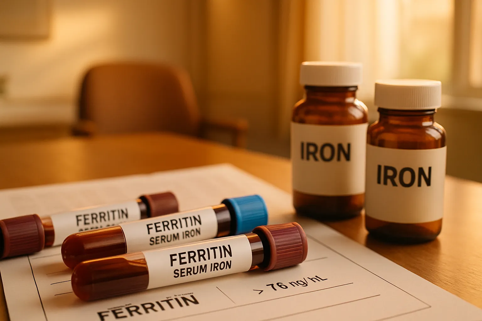 Tubos de exame de sangue para análise de ferritina dispostos com frascos de suplemento de ferro em ambiente clínico acolhedor