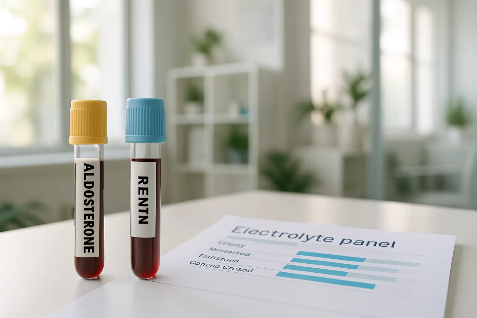 Investigação Hormonal Laboratorial Tubos de coleta para exames de aldosterona e renina em ambiente laboratorial clínico, ilustrando investigação hormonal específica