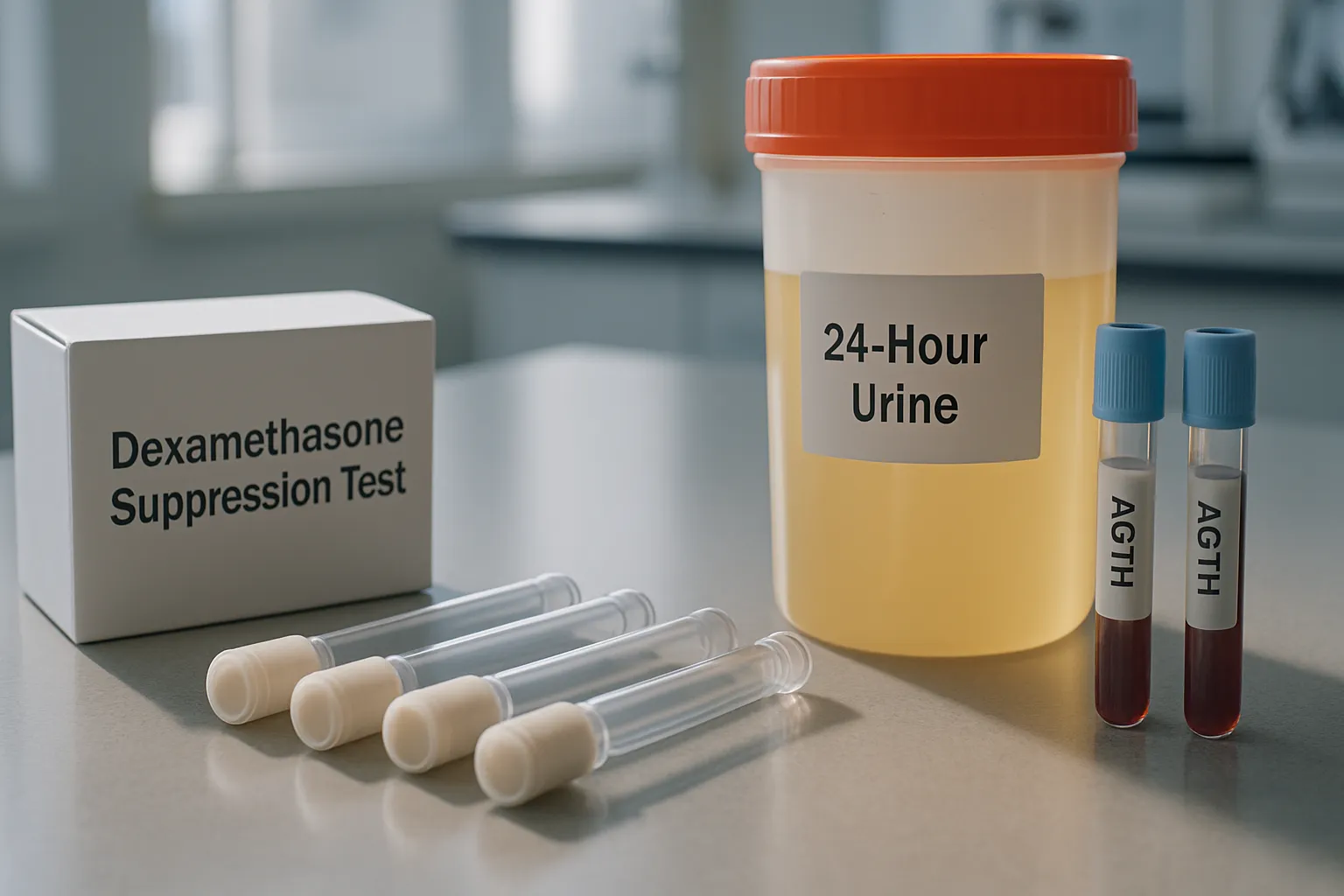 Conjunto de exames laboratoriais para investigação da Síndrome de Cushing incluindo tubos de coleta, kit de cortisol salivar e amostras de urina 24h