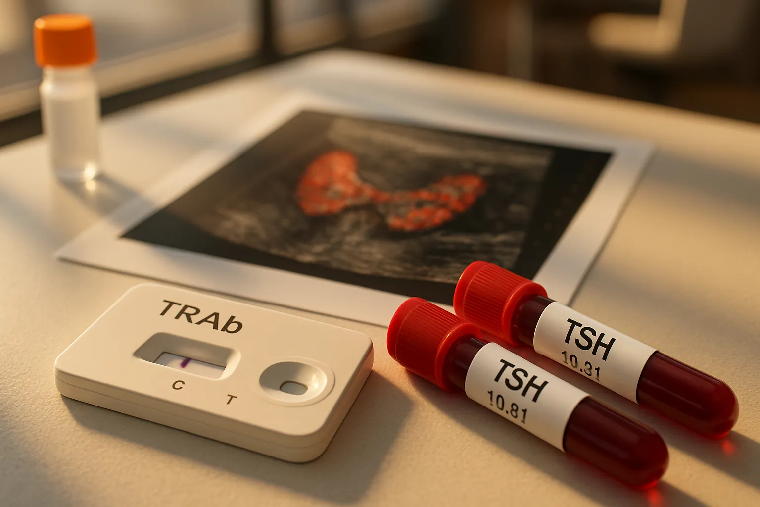 Kit de exames para diagnóstico de Doença de Graves incluindo teste de anticorpos TRAb, tubos de coleta de TSH e resultado de ultrassom tireoidiano