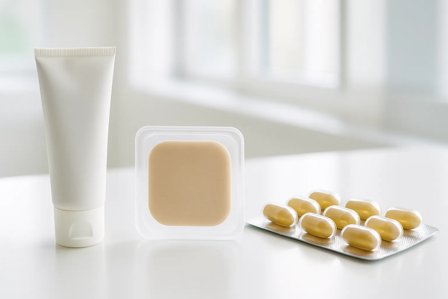 Diferentes formas de administração de reposição hormonal: gel transdérmico, adesivo de estrogênio e cápsulas de progesterona dispostos lado a lado