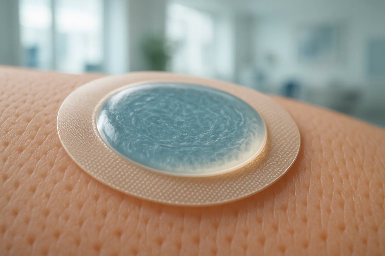 Detalhe macro de adesivo transdérmico de estradiol aplicado na pele, mostrando a estrutura do sistema de liberação contínua do hormônio