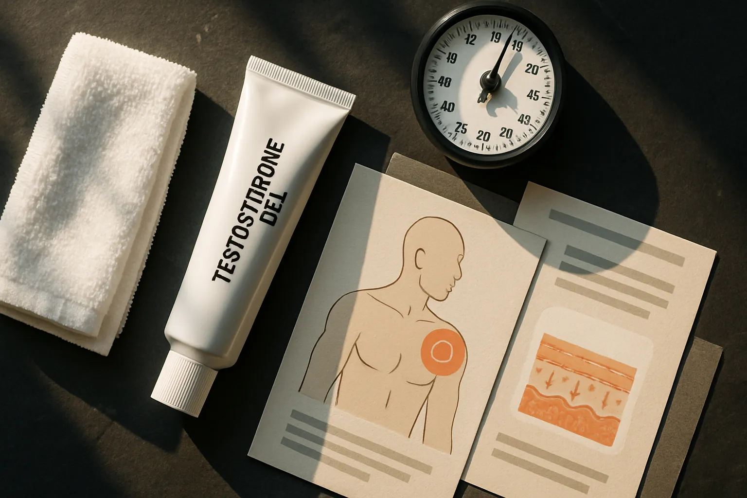 Composição organizada mostrando tubo de gel de testosterona, toalha e materiais para rotina de aplicação transdérmica matinal