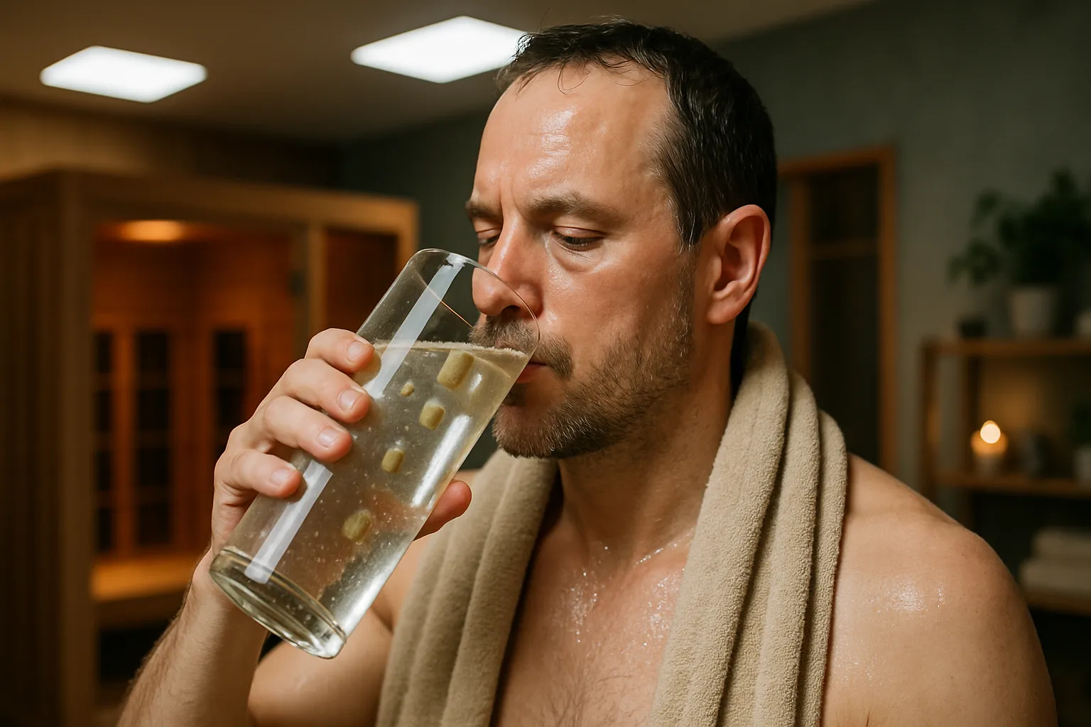 Pessoa se hidratando adequadamente com água e eletrólitos após sessão de sauna, demonstrando protocolo correto de recuperação