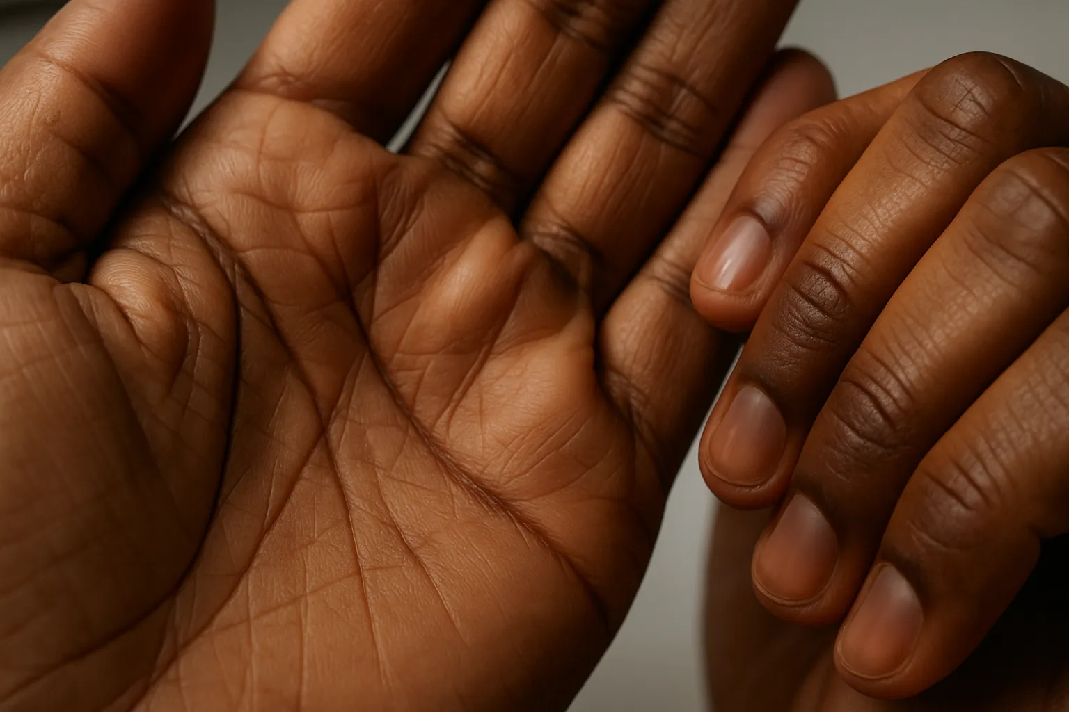Detalhe macro de hiperpigmentação característica nas palmas das mãos e articulações, sinal típico da Doença de Addison