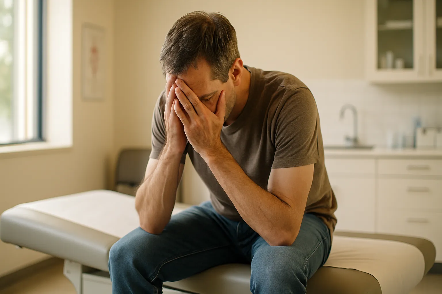 Homem de meia-idade demonstrando sintomas de fadiga crônica e baixa energia em consulta médica