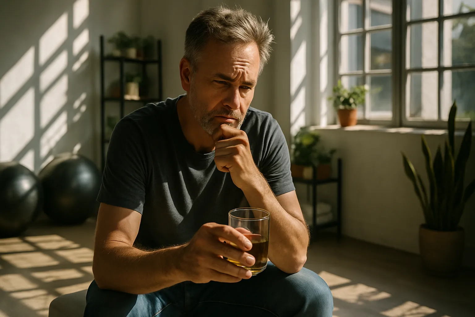 Homem maduro segurando copo de whisky com expressão pensativa e hesitante sobre escolhas de saúde