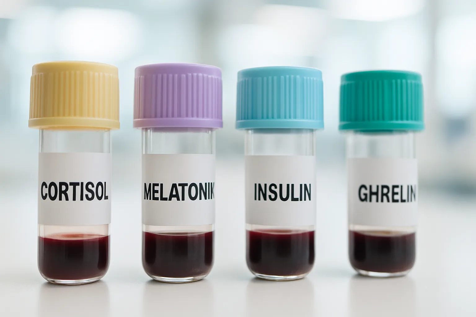Detalhe macro de tubos de teste hormonal mostrando amostras de cortisol, melatonina, insulina e grelina em sequência para análise de disrupção circadiana