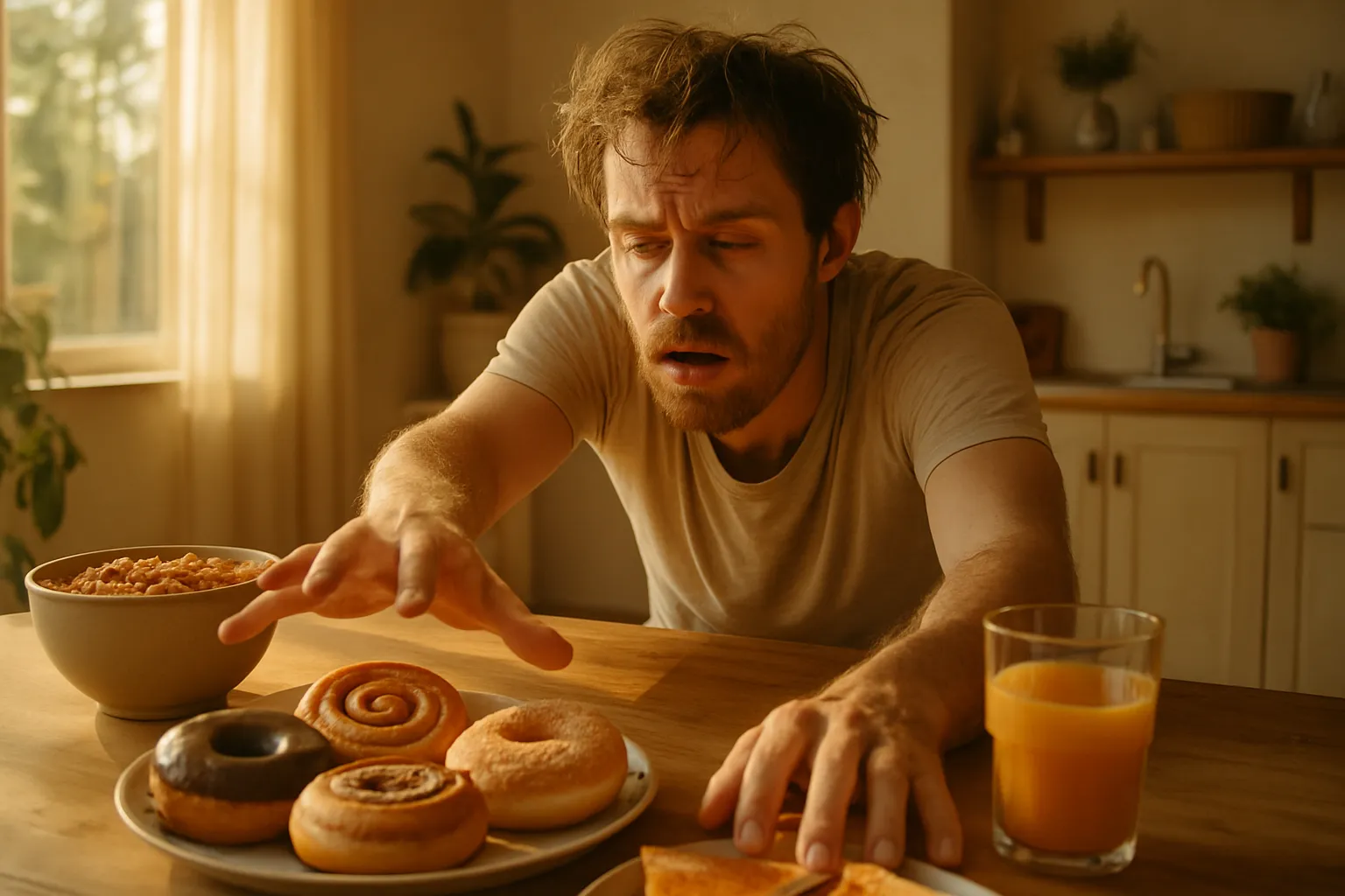 Demonstração do ciclo hormonal desregulado mostrando pessoa acordando com fome intensa e buscando carboidratos devido à desregulação de leptina e grelina causada por refeições tardias