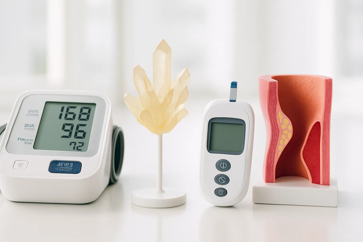 Demonstração médica do impacto do ácido úrico elevado na saúde vascular com monitor de pressão arterial, modelo de cristais de ácido úrico, dispositivo de teste de resistência à insulina e diagrama vascular em ambiente clínico iluminado