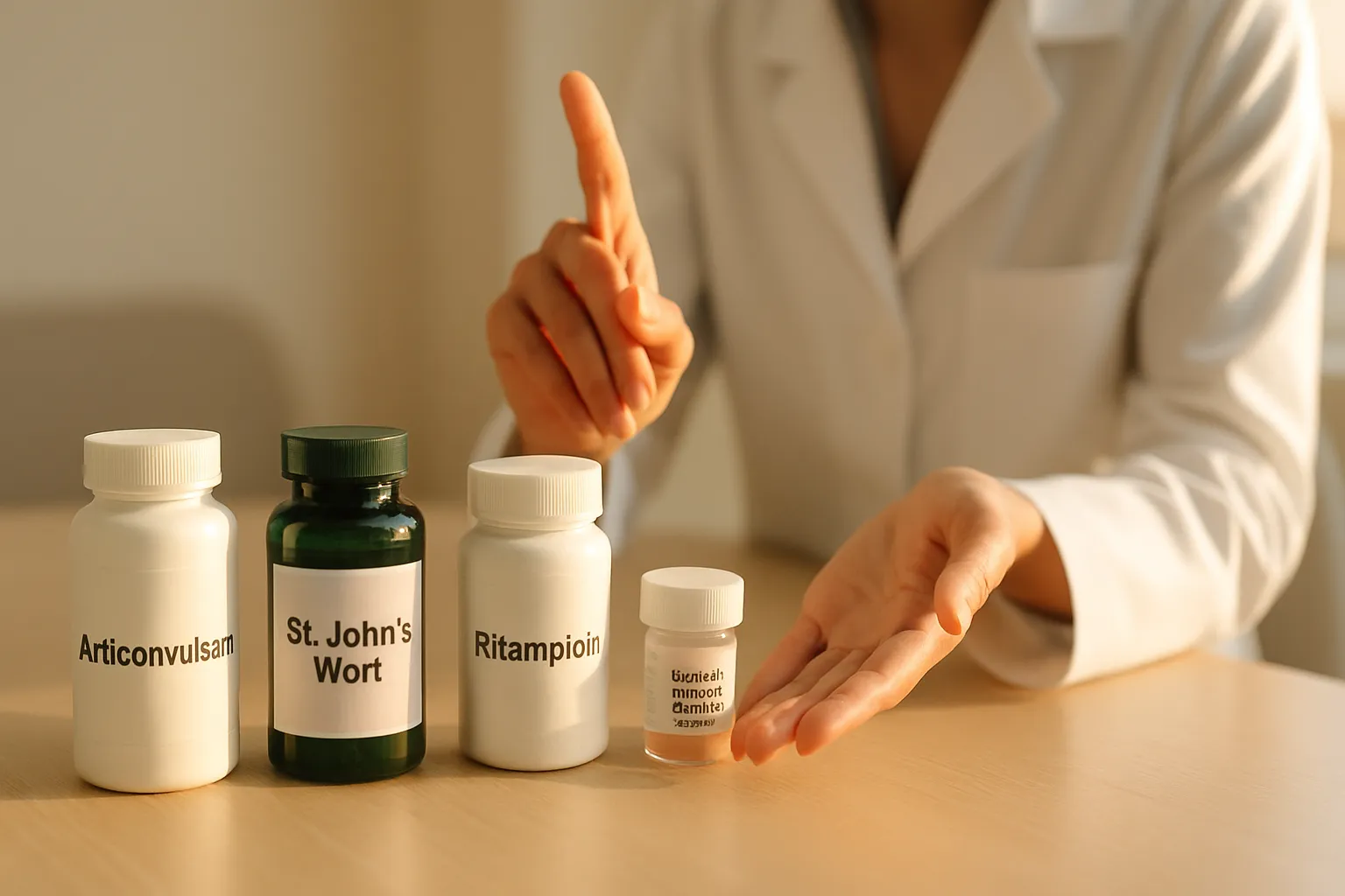 Mesa de consulta mostrando medicamentos indutores enzimáticos como anticonvulsivantes e erva de São João que aceleram metabolismo hormonal