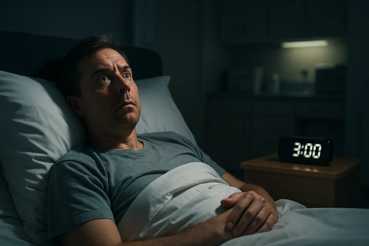 Pessoa deitada acordada na cama às 3 da manhã com olhos abertos e expressão ansiosa, mostrando insônia causada por cortisol elevado